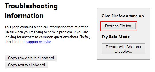 Click the Refresh Firefox button
