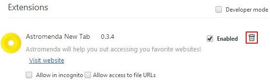 Delete Astromenda from Chrome extensions