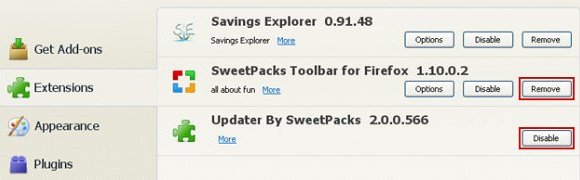 Remove extensions related to Sweetpacks in Firefox