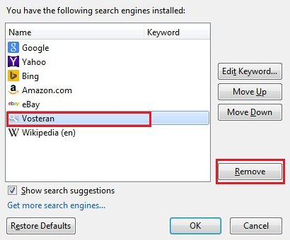 Remove Vosteran from Firefox search engines