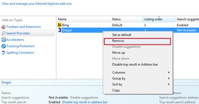 Eliminate Dregol from IE search providers