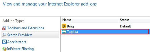 Eliminate Taplika from IE search providers